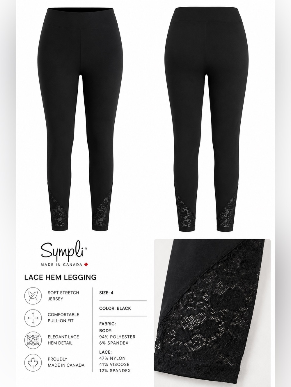 Sympli Black Stretch Leggings with Lace Detail